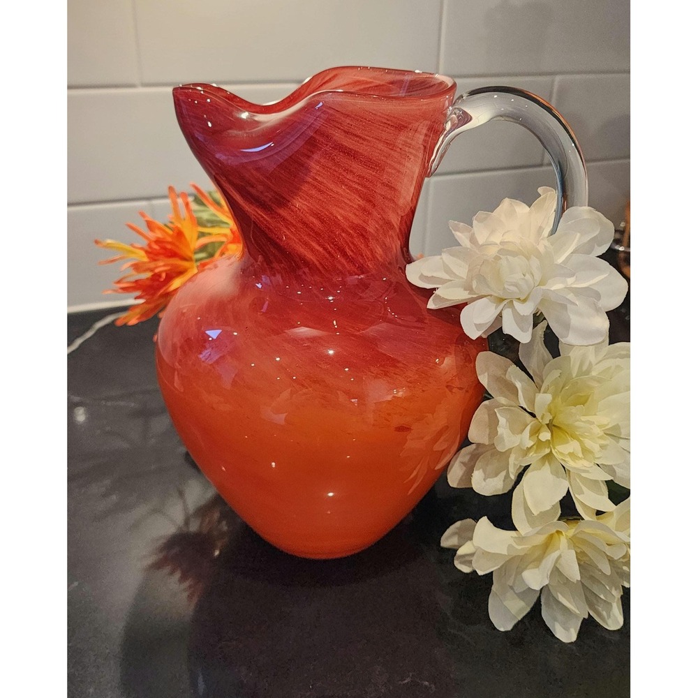 Hand-Blown Art Glass Pitcher: Red Orange Swirl Vase, Hudson's Bay Home